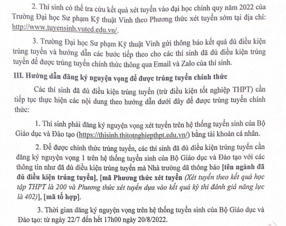 Diem chuan hoc ba, DGNL Dai hoc Su pham Ky thuat Vinh 2022