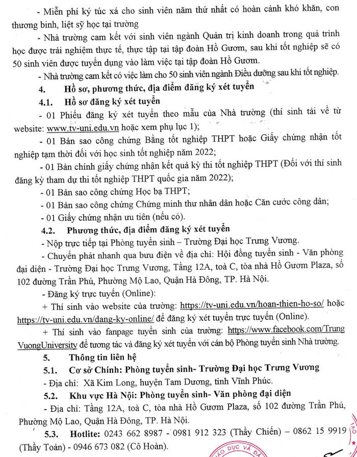 Dai hoc Trung Vuong xet bo sung 883 chi tieu nam 2022