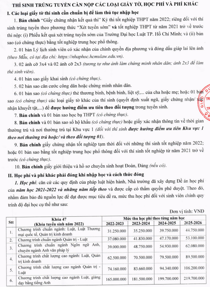 Ho so nhap hoc Dai hoc Luat TPHCM nam 2022