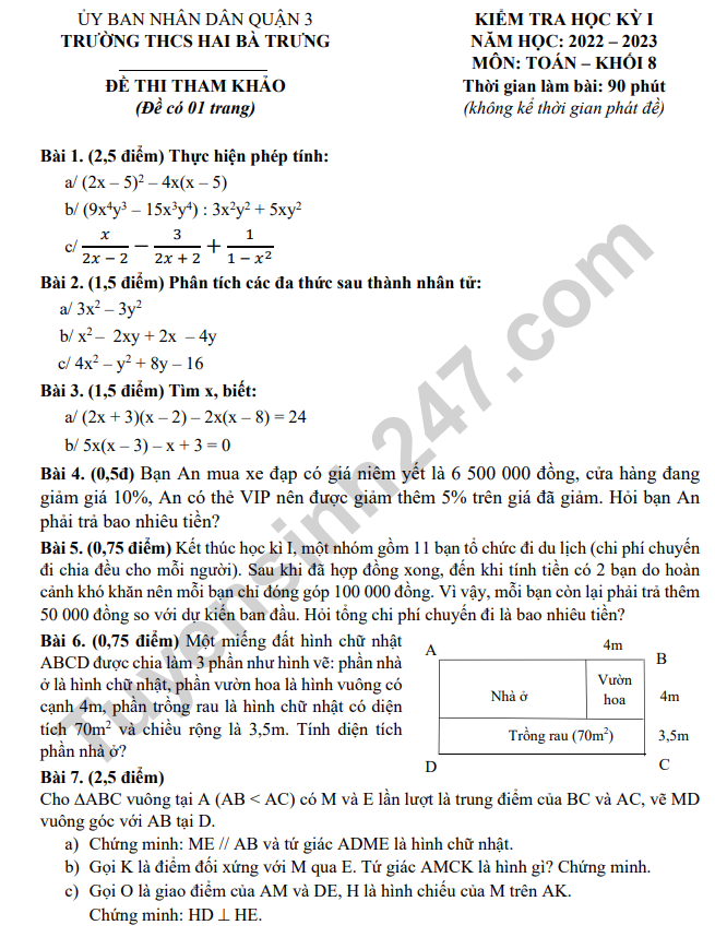 De kiem tra ki 1 lop 8 mon Toan - THCS Hai Ba Trung 2022 (Tham khao)