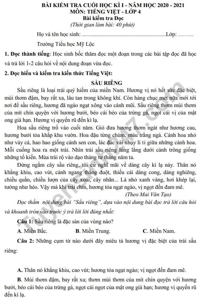 De thi cuoi ki 1 mon Tieng Viet lop 4 (Co dap an) - TH My Loc