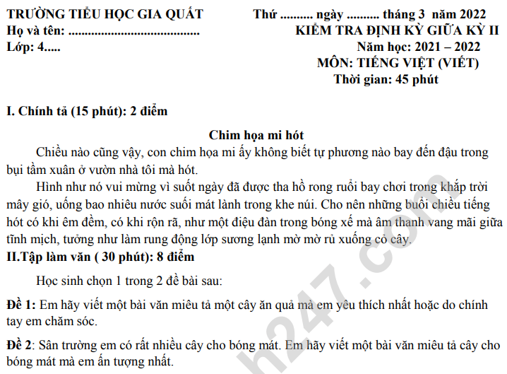 De thi giua ki 2 mon Tieng Viet lop 4 - TH Gia Quat 2022