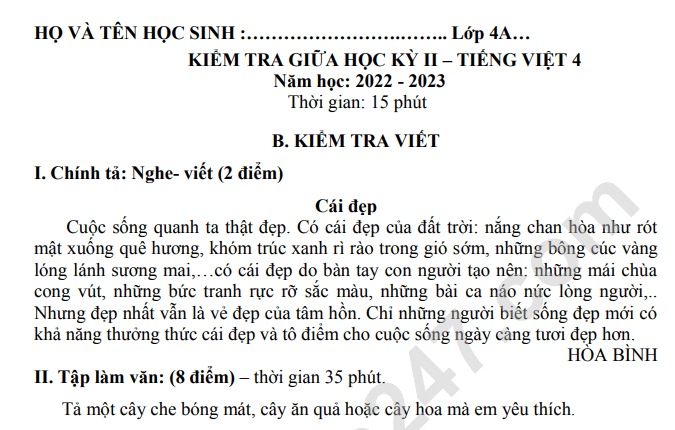 De giua ki 2 lop 4 mon Tieng Viet - TH To Hien Thanh 2023
