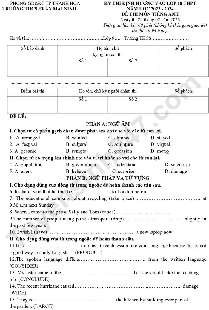 De thi thu vao lop 10 mon Anh - THCS Tran Mai Ninh 2023 (co dap an)