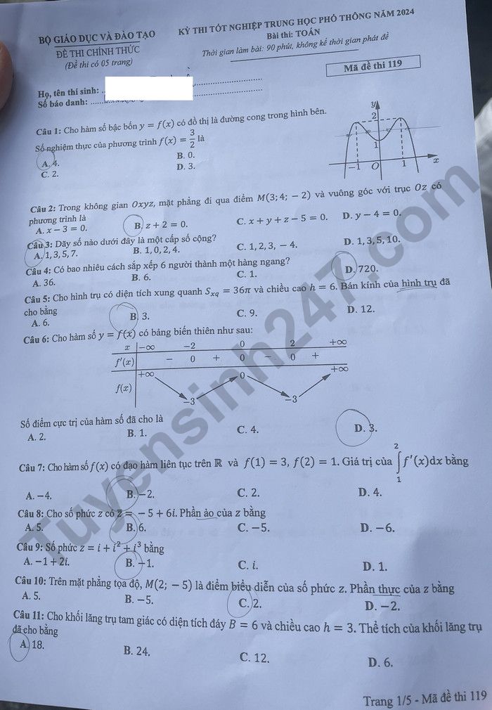 Dap an de thi tot nghiep THPT 2024 mon Toan ma de 119