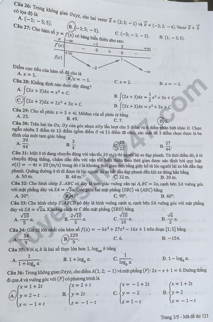 Dap an de thi tot nghiep THPT mon Toan - Ma de 121 nam 2024