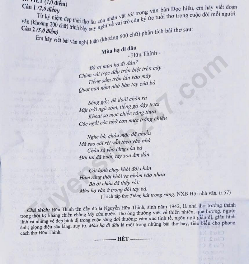 Dap an de thi lop 10 mon Van - Thanh Hoa 2026