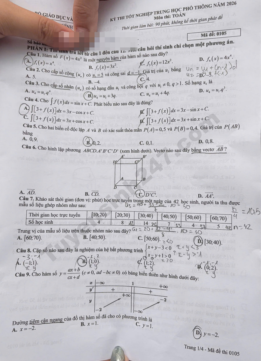Tra cuu dap an de thi tot nghiep THPT 2026 mon Toan - Ma de 0105