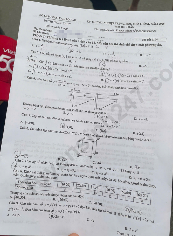 Dap an de thi tot nghiep THPT 2026 mon Toan - Ma de 0104 chi tiet
