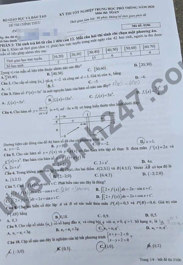 Dap an de thi tot nghiep THPT 2026 mon Toan - Ma de 0106