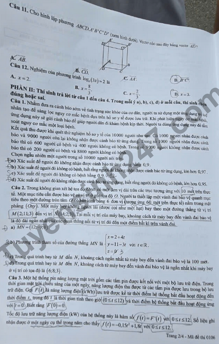 Dap an de thi tot nghiep THPT 2026 mon Toan - Ma de 0106