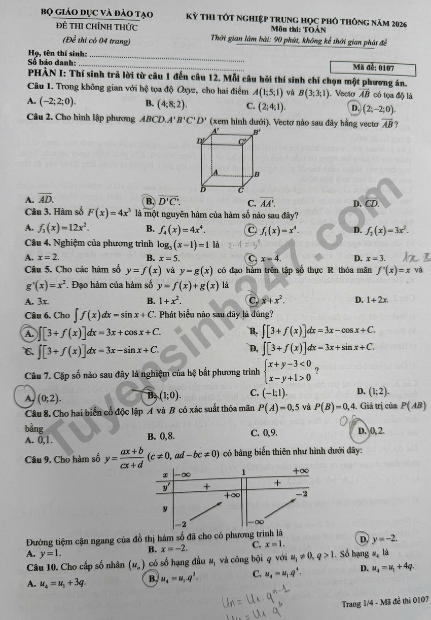 De thi va dap an de thi tot nghiep THPT 2026 mon Toan - Ma de 0107