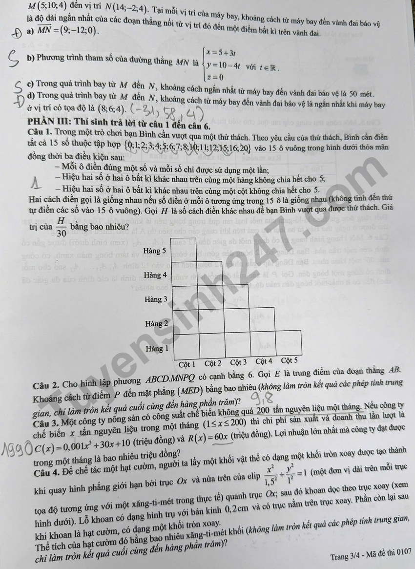 De thi va dap an de thi tot nghiep THPT 2026 mon Toan - Ma de 0107