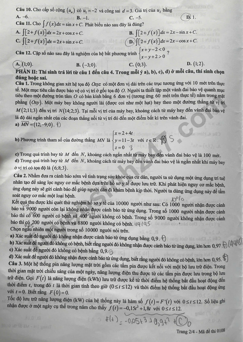 Xem dap an de thi tot nghiep THPT 2026 mon Toan - Ma de 0108
