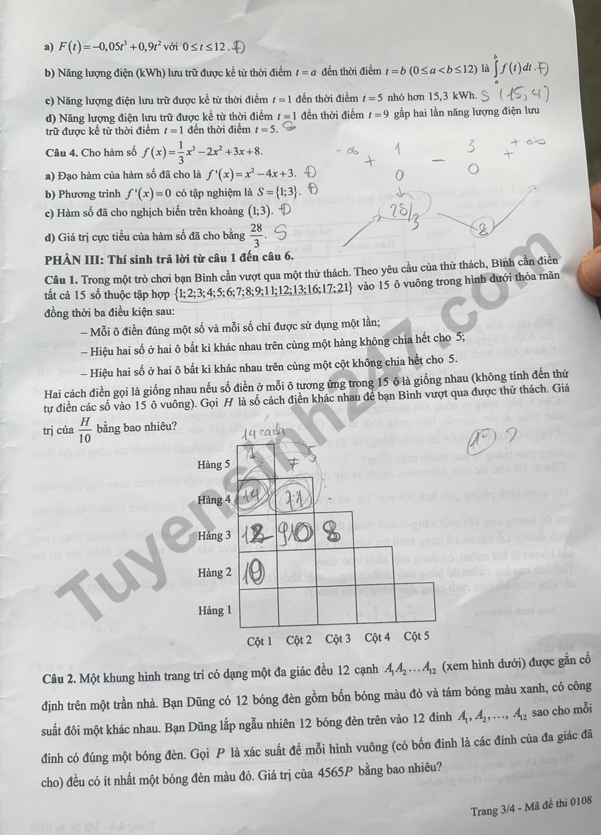 Xem dap an de thi tot nghiep THPT 2026 mon Toan - Ma de 0108