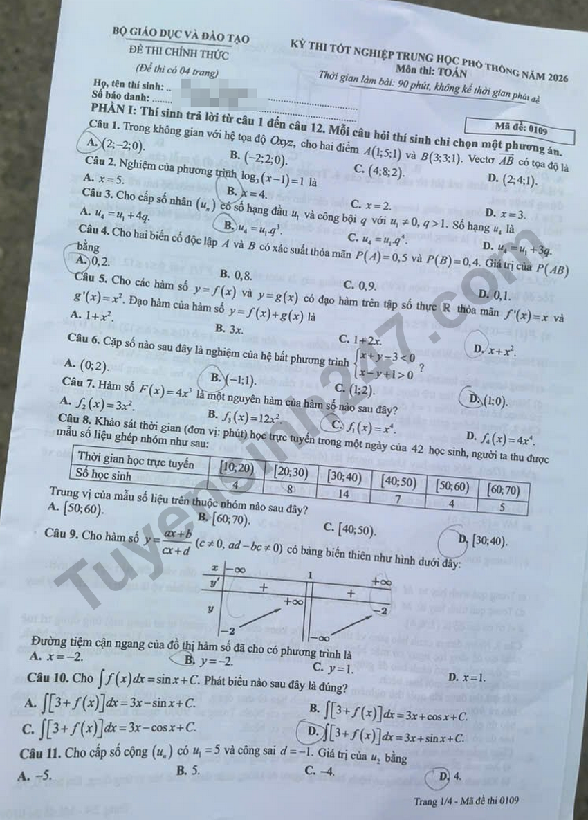 Dap an de thi mon Toan - Ma de 0109 tot nghiep THPT 2026