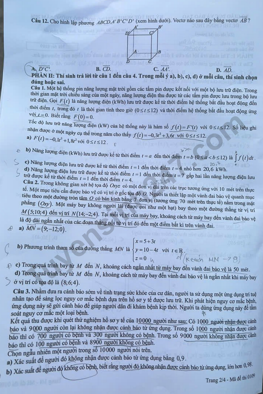 Dap an de thi mon Toan - Ma de 0109 tot nghiep THPT 2026