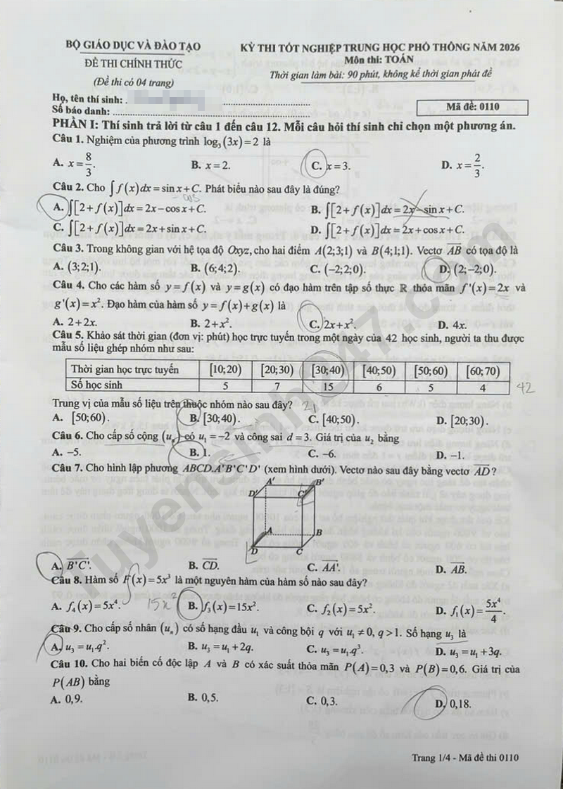 Giai chi tiet va Dap an de thi tot nghiep THPT 2026 mon Toan - Ma de 0110