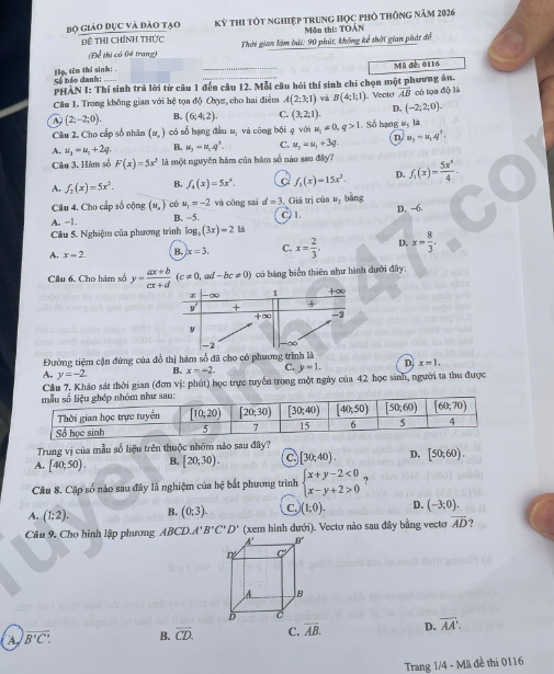 Xem dap an de thi tot nghiep THPT 2026 mon Toan ma de 0116