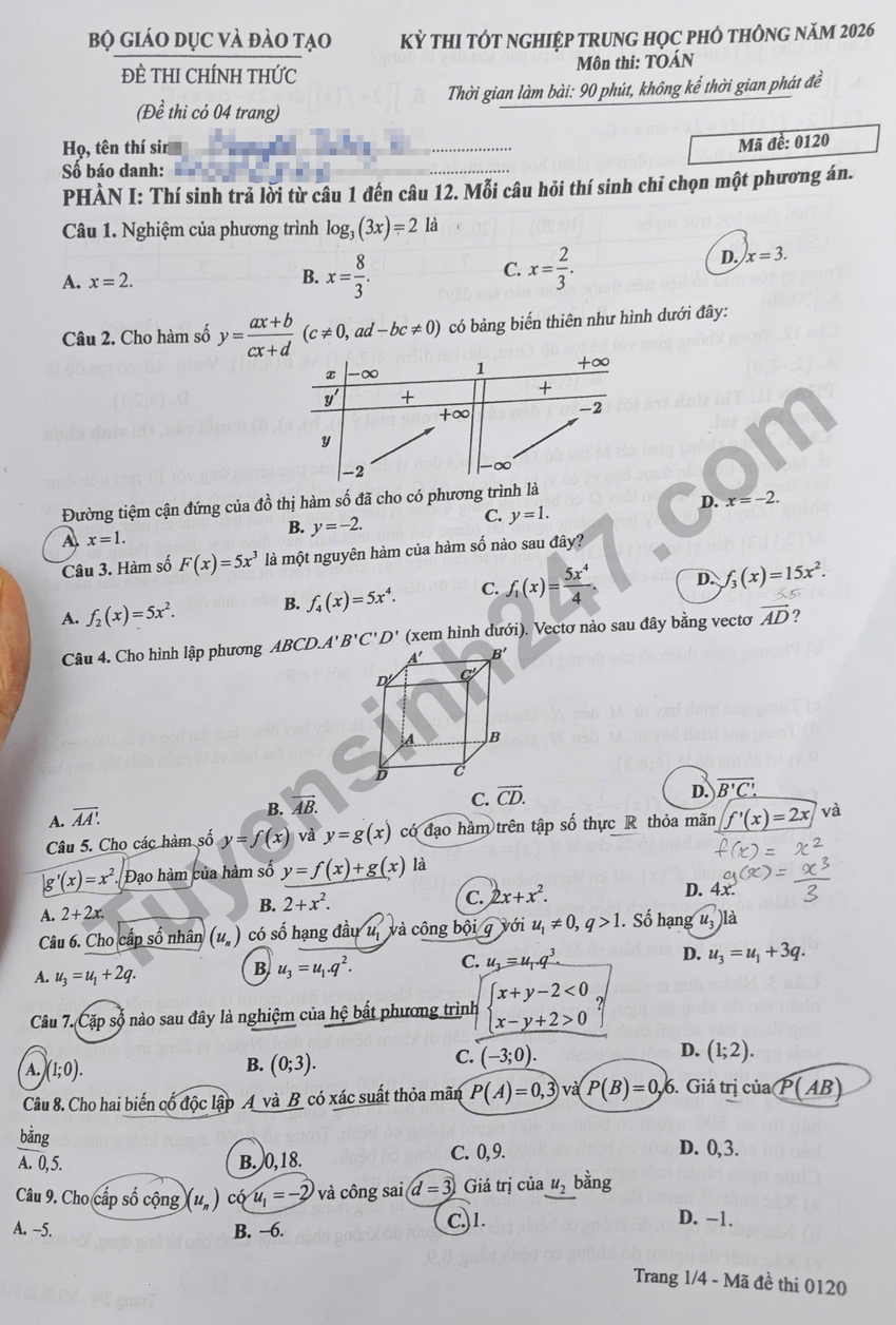 Cap nhat dap an de thi tot nghiep THPT 2026 mon Toan - Ma de 0120