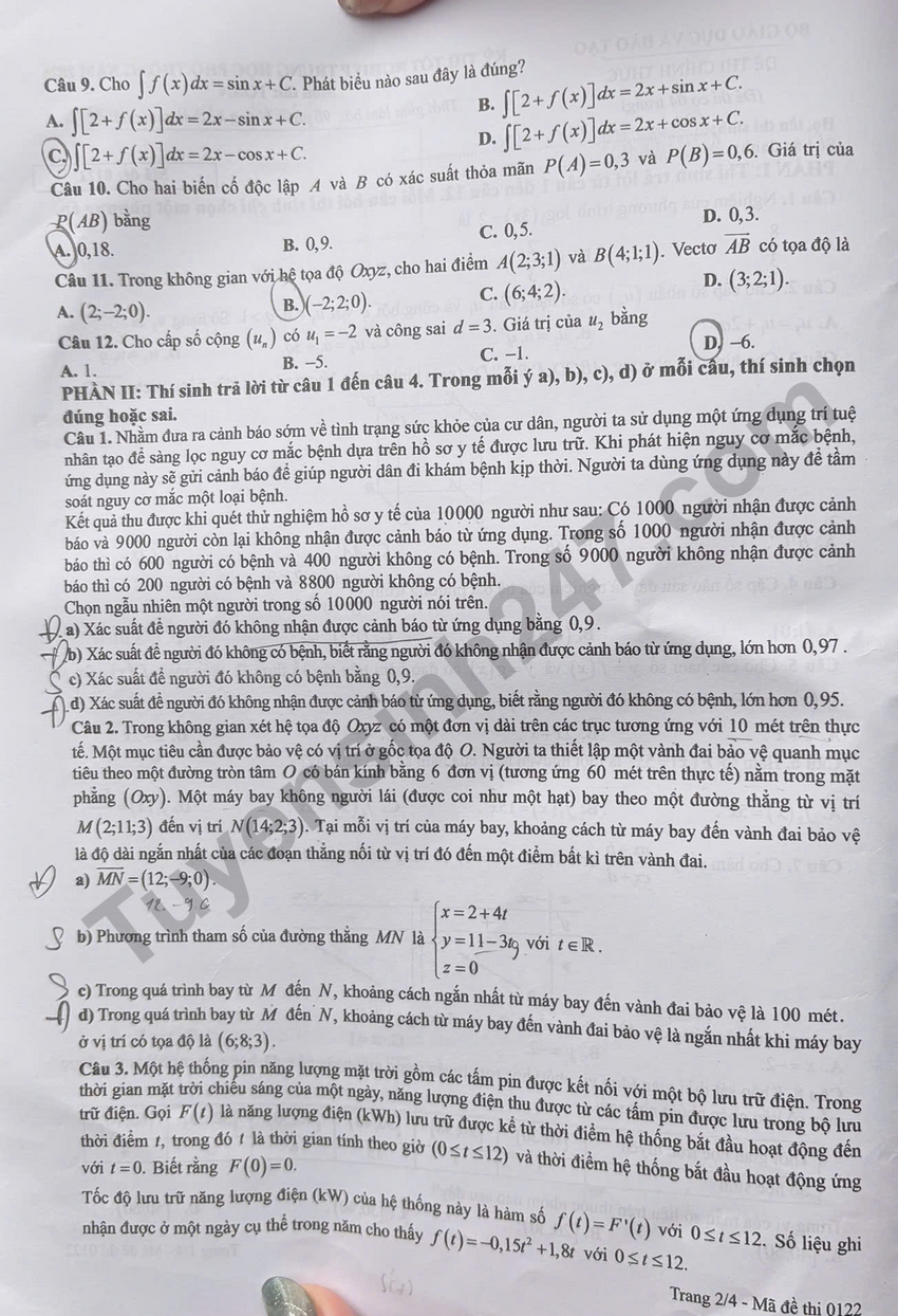 Tra cuu dap an de thi tot nghiep THPT 2026 mon Toan ma de 0122