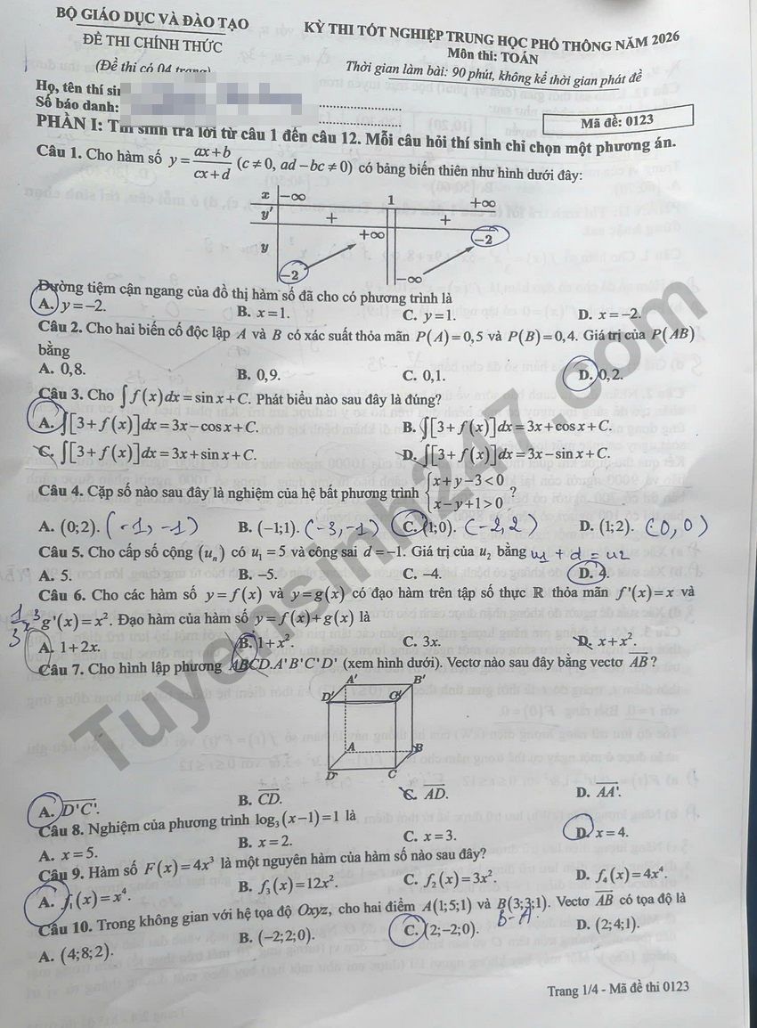 Dap an chi tiet de thi tot nghiep THPT 2026 mon Toan - Ma de 0123