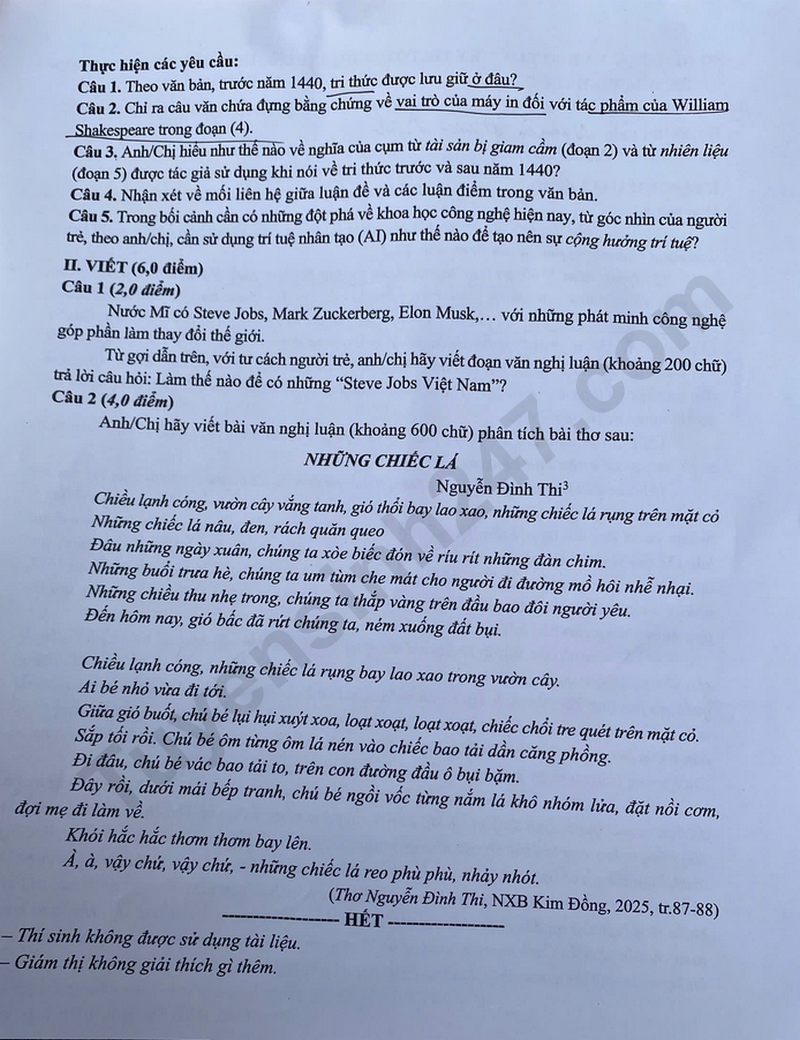 Dap an de thi tot nghiep THPT 2026 mon Van