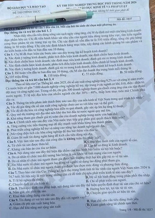 Dap an de thi mon GDKTPL - Ma de 1037 tot nghiep THPT 2026
