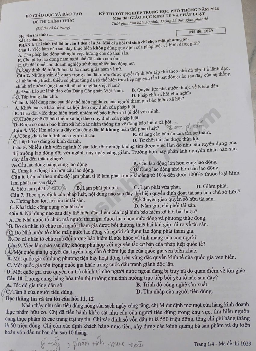 Dap an de thi tot nghiep THPT 2026 mon GDKTPL - Ma de 1029