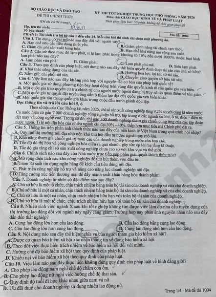 Dap an de thi tot nghiep THPT 2026 mon GDKTPL - Ma de 1004 chi tiet