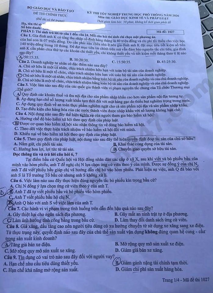 Dap an de thi THPT 2026 mon GDKTPL ma de 1027 day du nhat