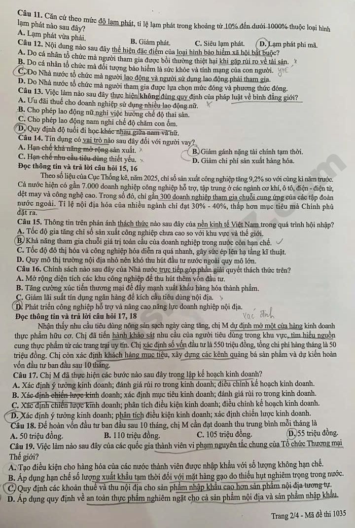 De thi va dap an de thi tot nghiep THPT 2026 mon GDKTPL - Ma de 1035