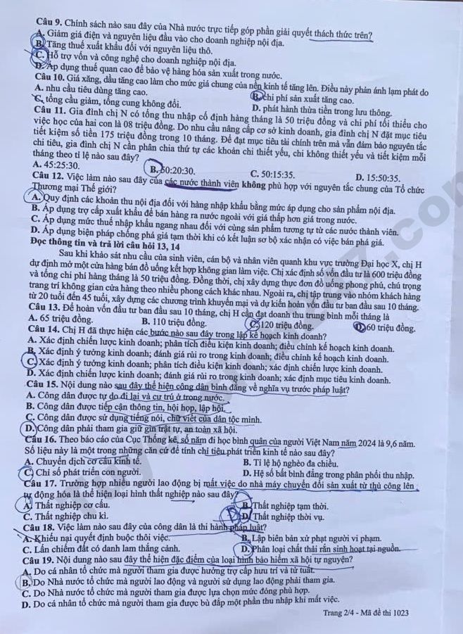 Dap an chi tiet de thi tot nghiep THPT 2026 mon GDKTPL - Ma de 1023