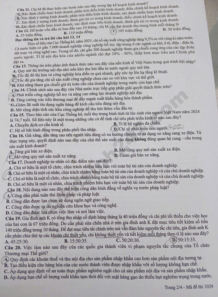 Dap an de thi tot nghiep THPT 2026 mon GDKTPL - Ma de 1029