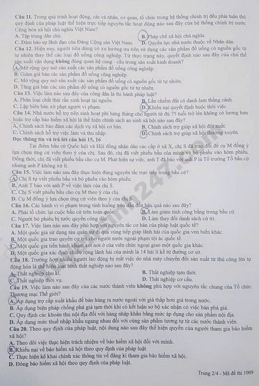 Dap an de thi mon GDKTPL - Ma de 1009 tot nghiep THPT 2026
