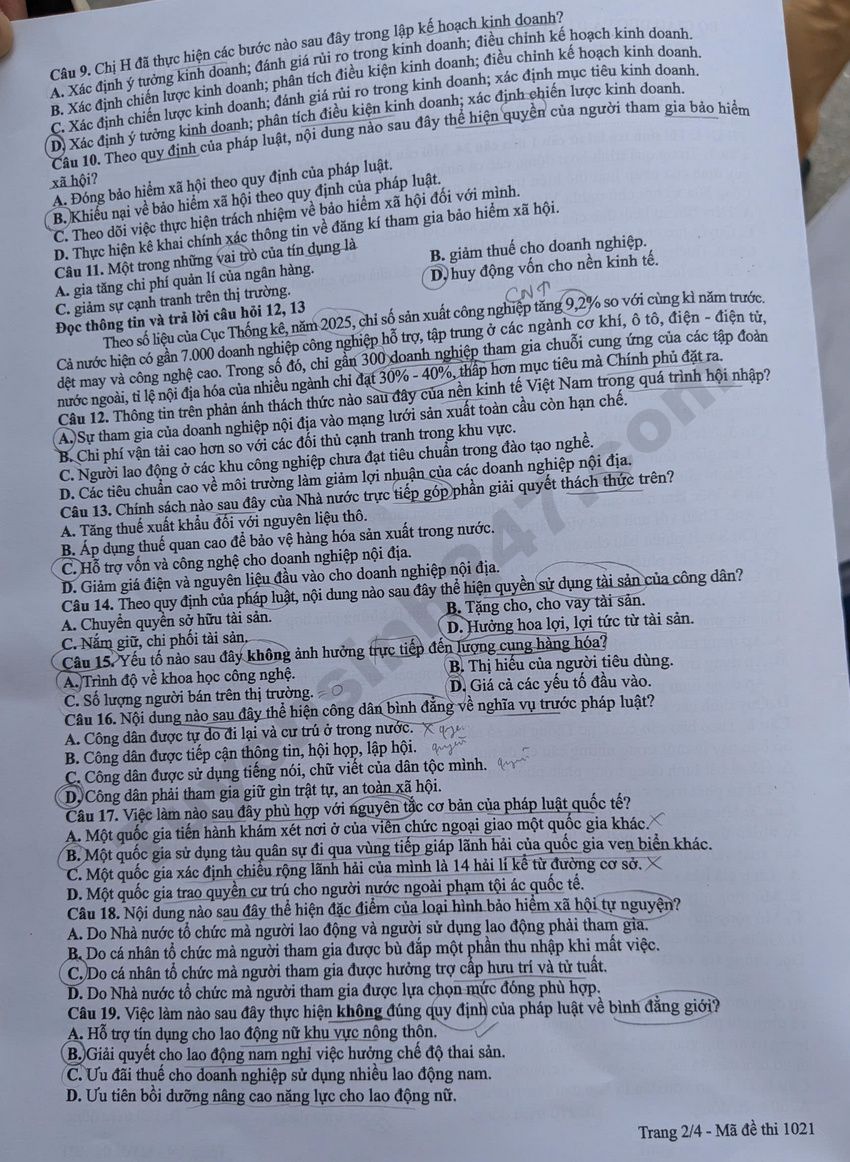 Dap an mon GDKTPL ky thi tot nghiep THPT 2026 ma de 1021