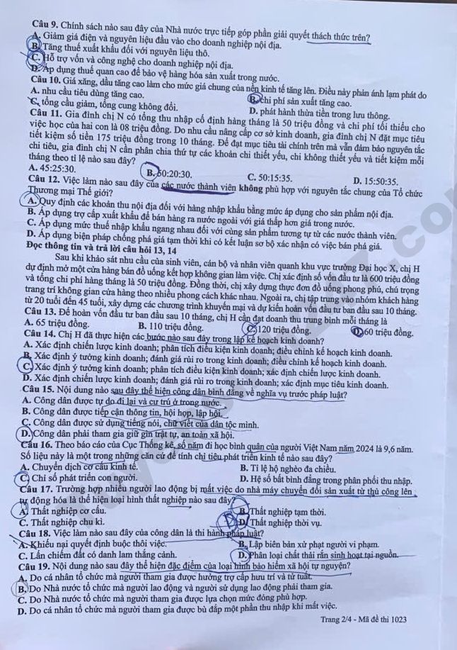 Dap an chi tiet de thi tot nghiep THPT 2026 mon GDKTPL - Ma de 1023