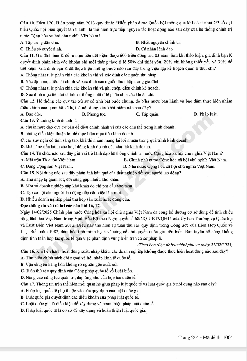 Dap an de thi tot nghiep THPT 2026 mon GDKTPL - Ma de 1004 chi tiet