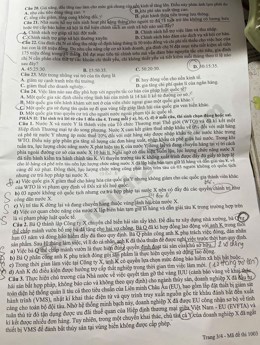 Dap an de thi tot nghiep THPT 2026 mon GDKTPL - Ma de 1003