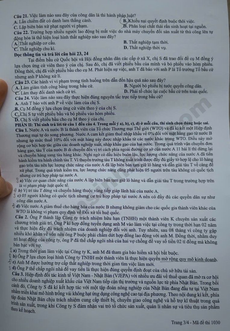 Day du dap an de thi mon GDKTPL tot nghiep THPT 2026 - Ma de 1030