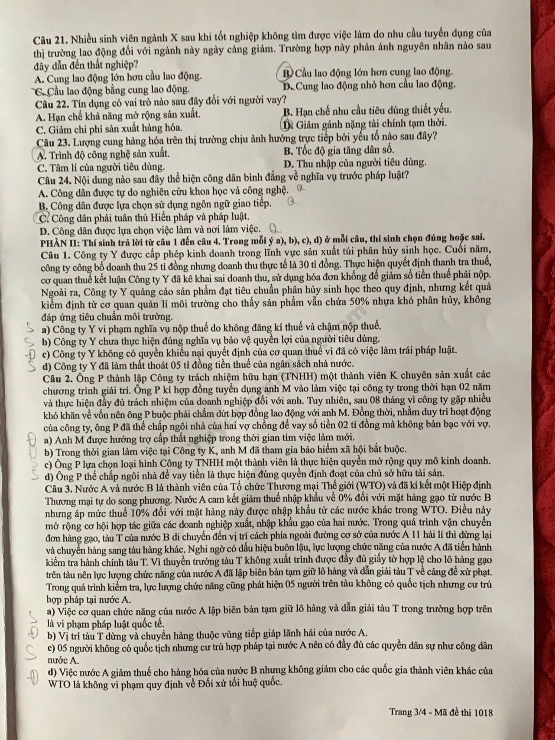 De thi va dap an mon GDKTPL tot nghiep THPT 2026 - Ma de 1018