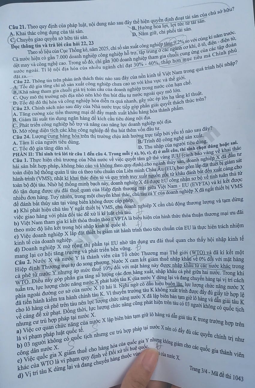 De thi va dap an mon GDKTPL tot nghiep THPT 2026 - Ma de 1043