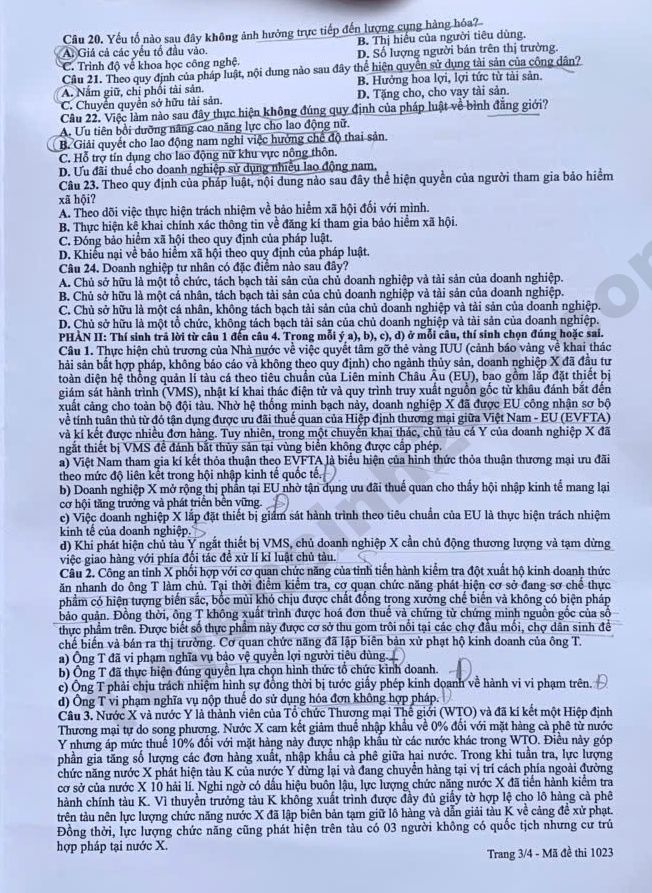 Dap an chi tiet de thi tot nghiep THPT 2026 mon GDKTPL - Ma de 1023