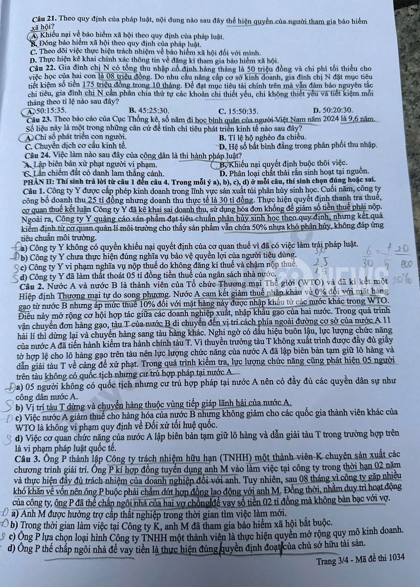 Dap an de thi tot nghiep THPT 2026 mon GDKTPL - Ma de 1034