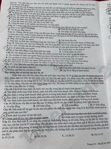 Dap an de thi tot nghiep THPT 2026 mon GDKTPL - Ma de 1004 chi tiet