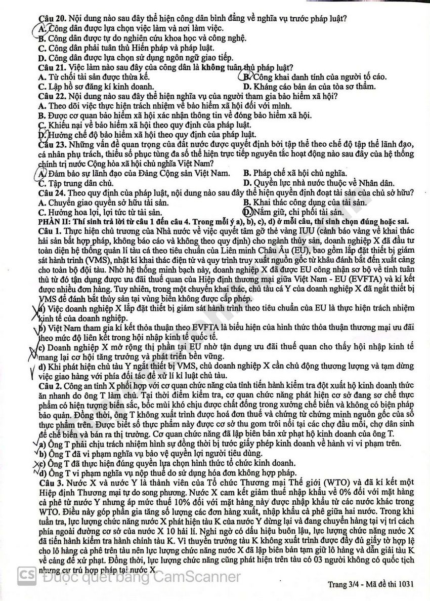 Dap an de thi tot nghiep THPT 2026 mon GDKTPL - Ma de 1031