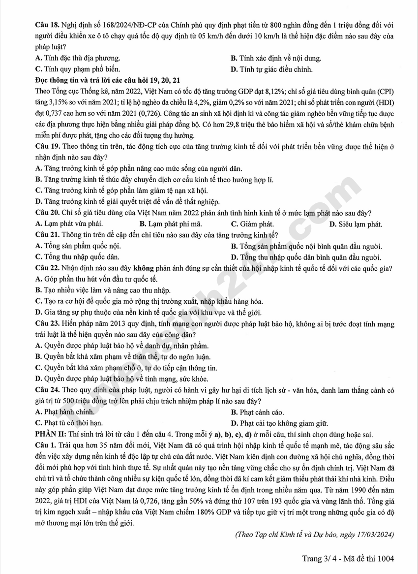 Dap an de thi tot nghiep THPT 2026 mon GDKTPL - Ma de 1004 chi tiet
