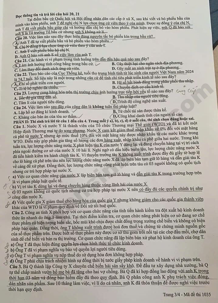 De thi va dap an de thi tot nghiep THPT 2026 mon GDKTPL - Ma de 1035