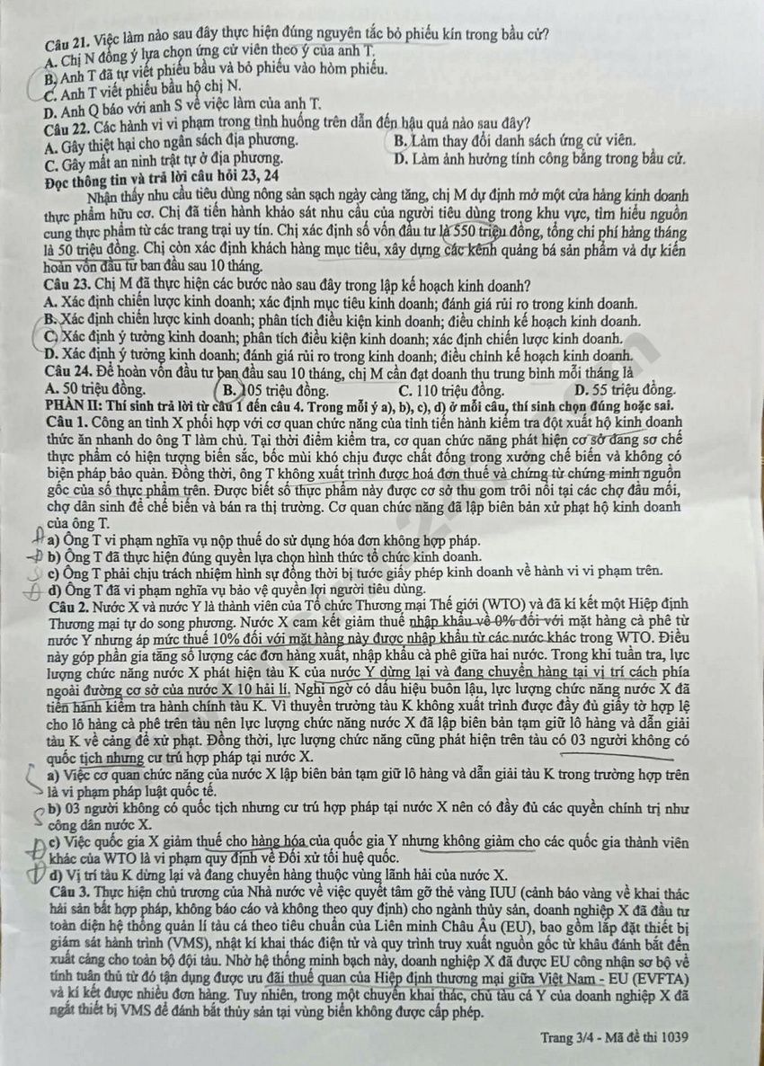 Dap an de thi tot nghiep THPT 2026 mon GDKTPL - Ma de 1039