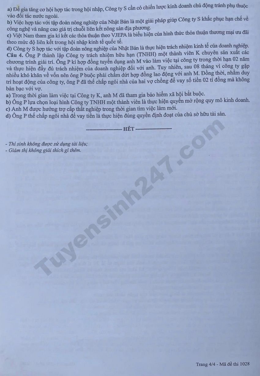Doi chieu dap an de thi tot nghiep THPT 2026 mon GDKTPL - Ma de 1028